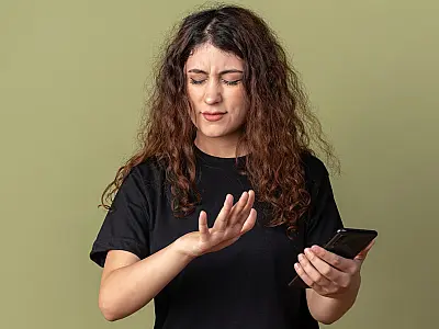 Mulher com celular na mão.