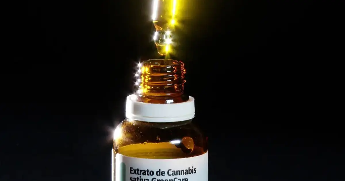 Frasco de extrato de cannabis medicinal utilizado em tratamentos terapêuticos.