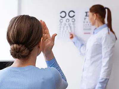 Médico realiza exame oftalmológico para avaliar alterações na visão do paciente.