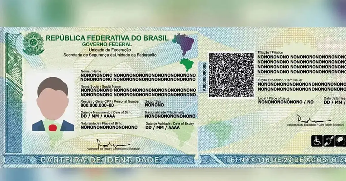 Exemplo da nova Carteira de Identidade Nacional, documento que substitui o RG tradicional em todo o Brasil.
