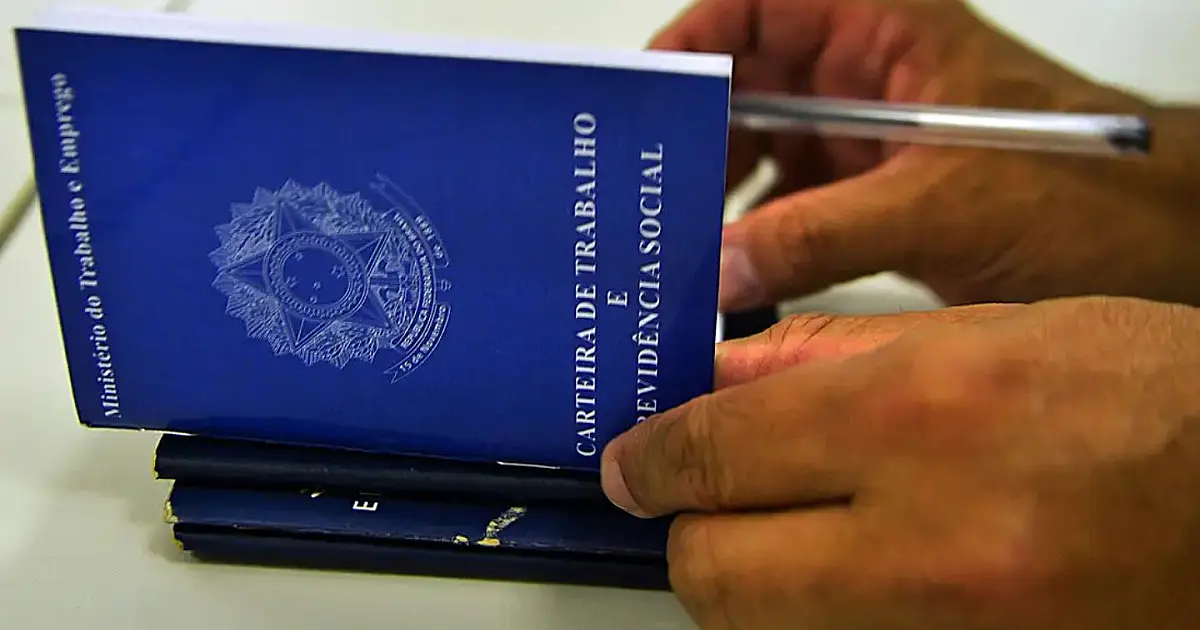 Pessoa assinando carteira de trabalho em referência à criação de empregos formais no Brasil.