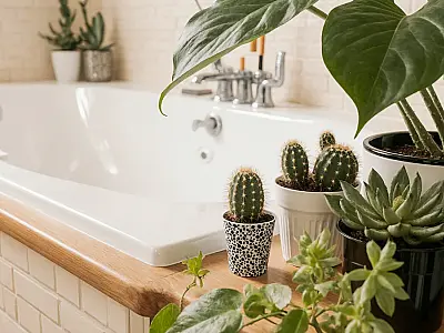 Mini SPA no banheiro com plantas.