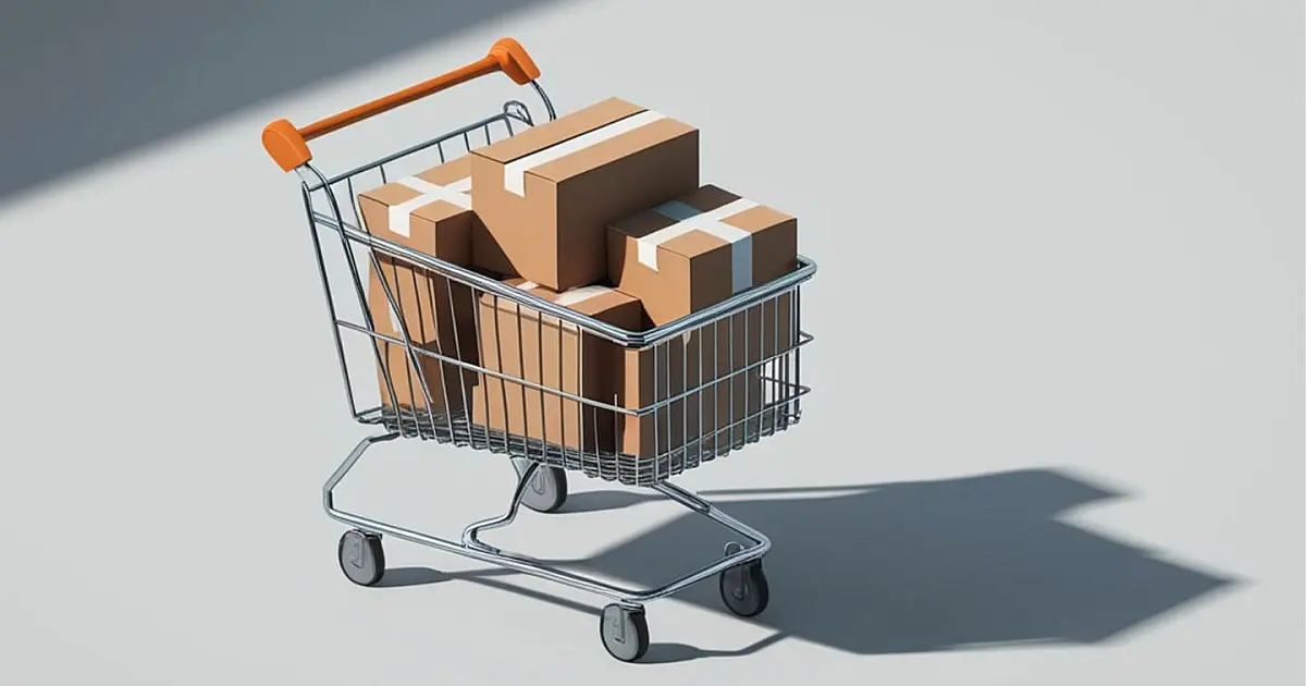 Carrinho de compras com produtos em ambiente de loja.