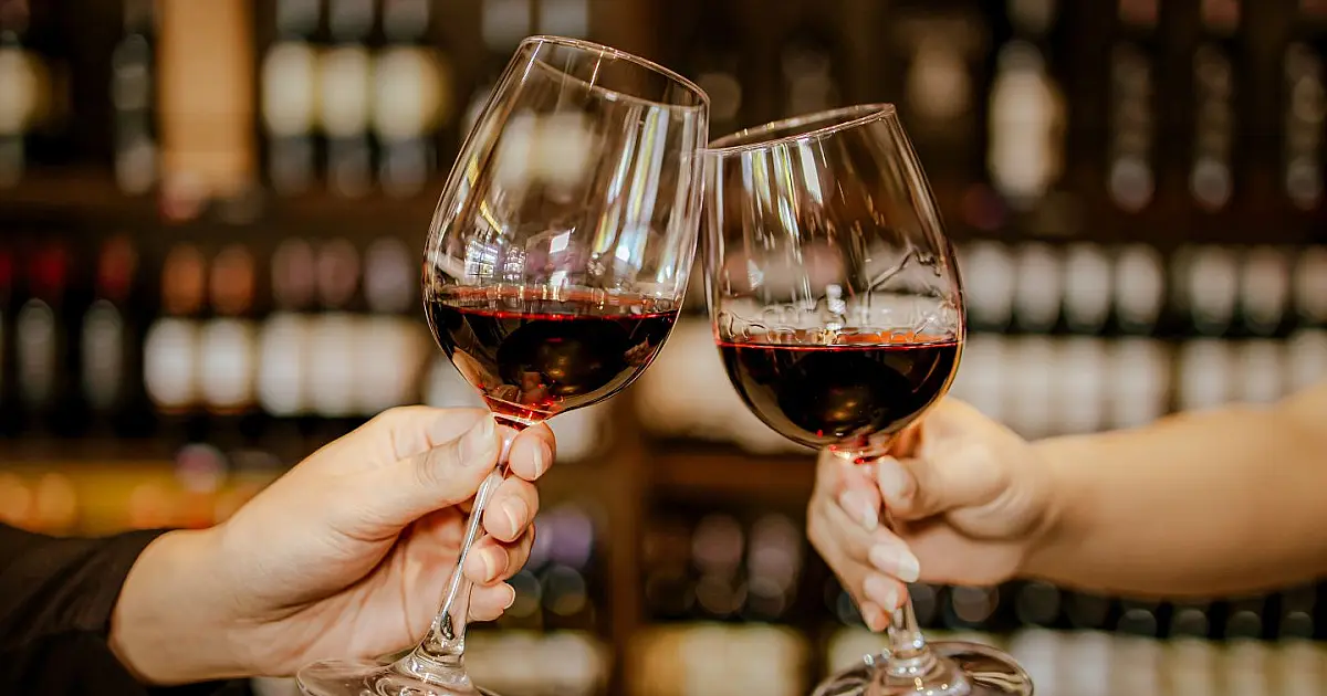 Duas pessoas brindando com taças de vinho em ambiente noturno.