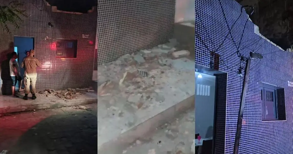 Estrutura frontal de casa danificada após passagem de trio elétrico em Patos, no Sertão da Paraíba.