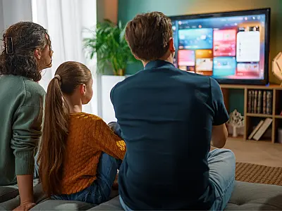 Família assiste televisão em casa utilizando dispositivo TV Box conectado à internet.