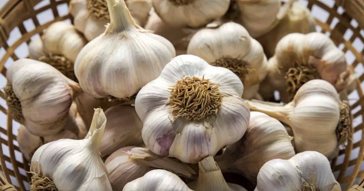 Cabeças de alho organizadas em cesto rústico sobre superfície de madeira.
