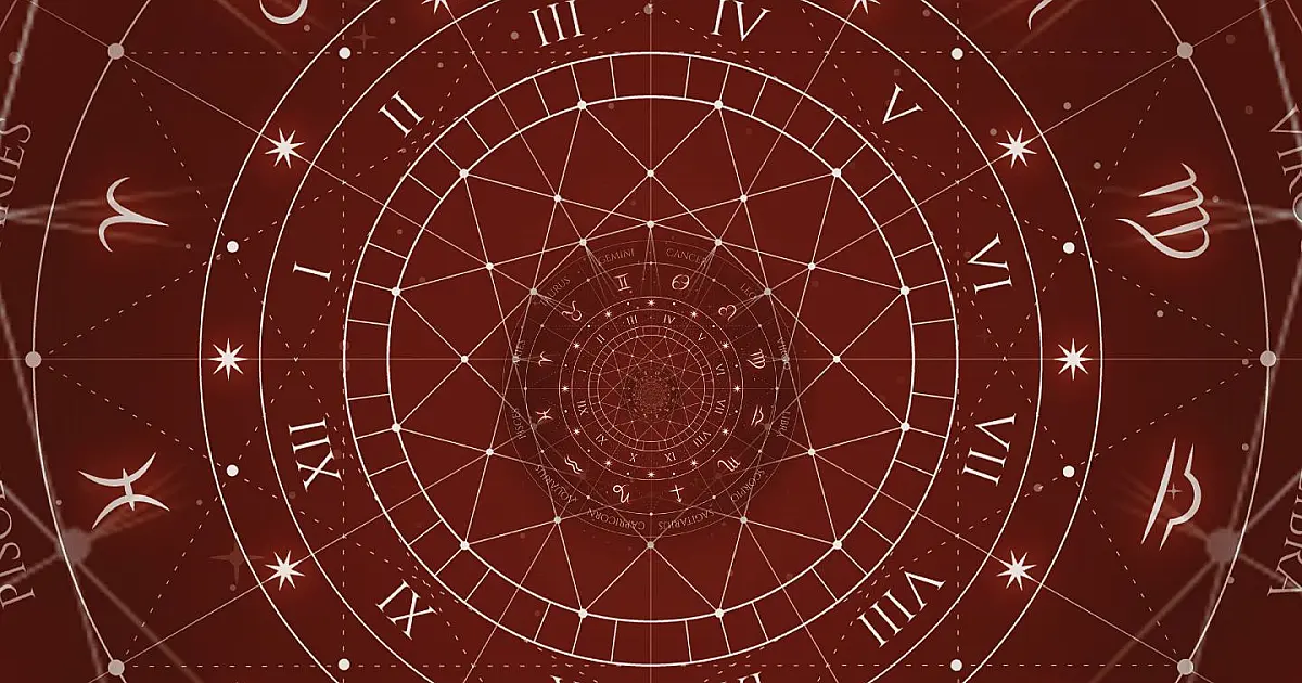 Ilustração detalhada de mapa astrológico com símbolos dos signos do zodíaco.