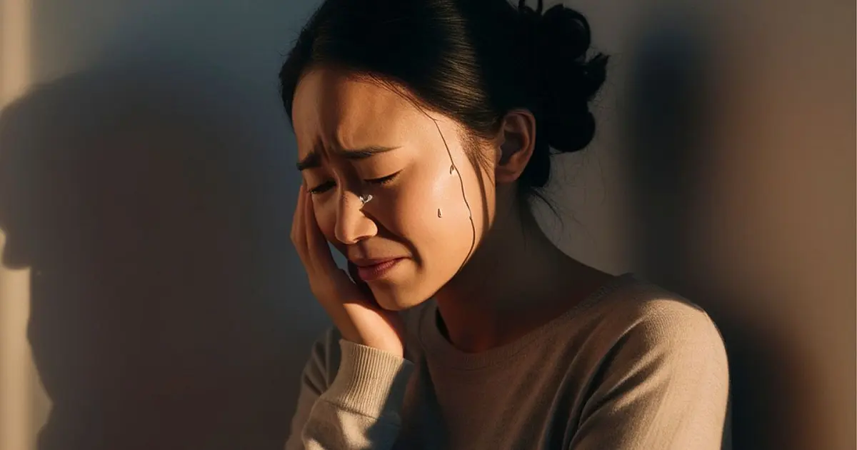 Mulher chorando enquanto usa celular após sofrer ataques na internet