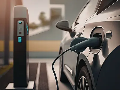 Carro elétrico durante recarga em eletroposto.