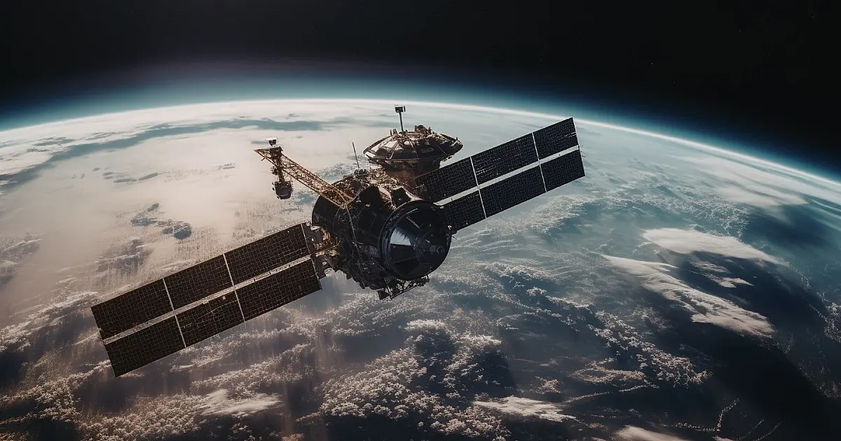 Satélite em órbita no espaço representando tecnologia de comunicação espacial.