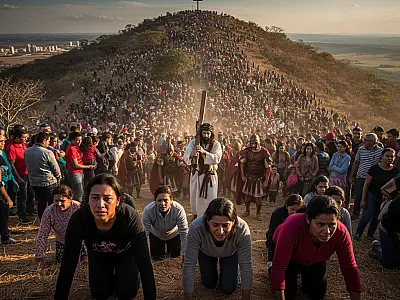 Fieis sobem o Morro da Capelinha em Planaltina para acompanhar a encenação da Paixão de Cristo.