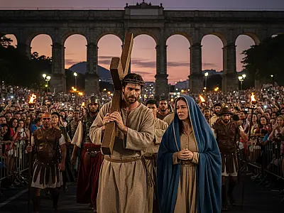 Encenação do Auto da Paixão de Cristo atrai milhares de pessoas aos Arcos da Lapa, no Rio de Janeiro.