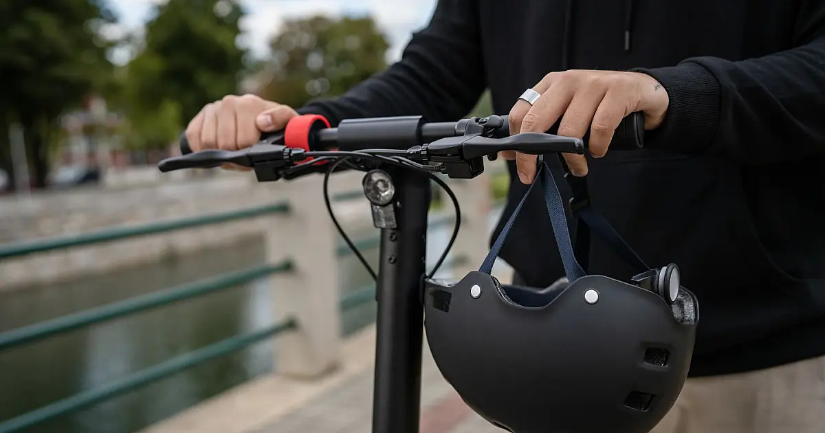 Homem andando de patinete elétrico em via urbana