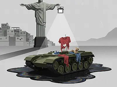 Cena do documentário 'Cheiro de Diesel' ilustrando a presença militar em comunidades do Rio de Janeiro.