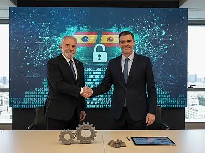 O presidente Lula e o primeiro-ministro Pedro Sánchez durante a 1ª Cúpula Brasil-Espanha, em Barcelona.