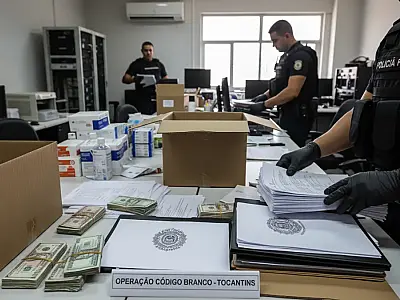 Agentes da Polícia Federal em operação contra desvios de recursos públicos e fraudes licitatórias no Tocantins.