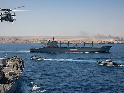 O destróier USS Rafael Peralta durante operação de patrulhamento e bloqueio no Estreito de Ormuz.