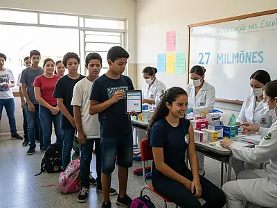 Profissionais de saúde aplicam vacinas em estudantes de escolas públicas durante mobilização nacional.