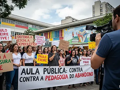 Manifestantes se reúnem na Praça Roosevelt em defesa da educação pública e contra a produção da Brasil Paralelo.