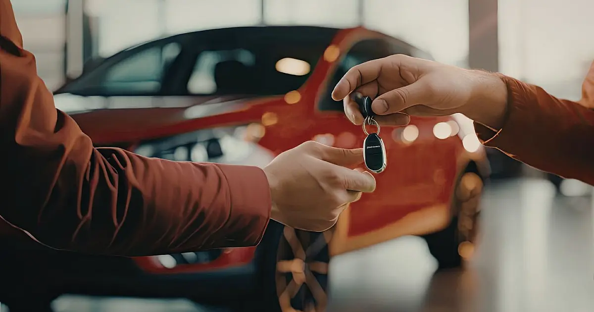 Entrega de chave de carro durante negociação de veículo em concessionária.