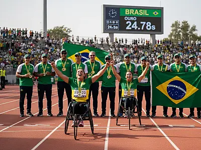 Atletas brasileiros celebram domínio no pódio durante o Grand Prix de atletismo paralímpico em Rabat, Marrocos.