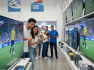 Modelos de telas gigantes com inteligência artificial dominam as vitrines para a Copa do Mundo 2026.