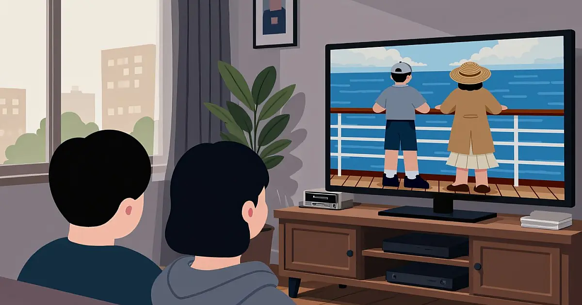 Ilustração de pessoas assistindo televisão em sofá com tela exibindo paisagem.