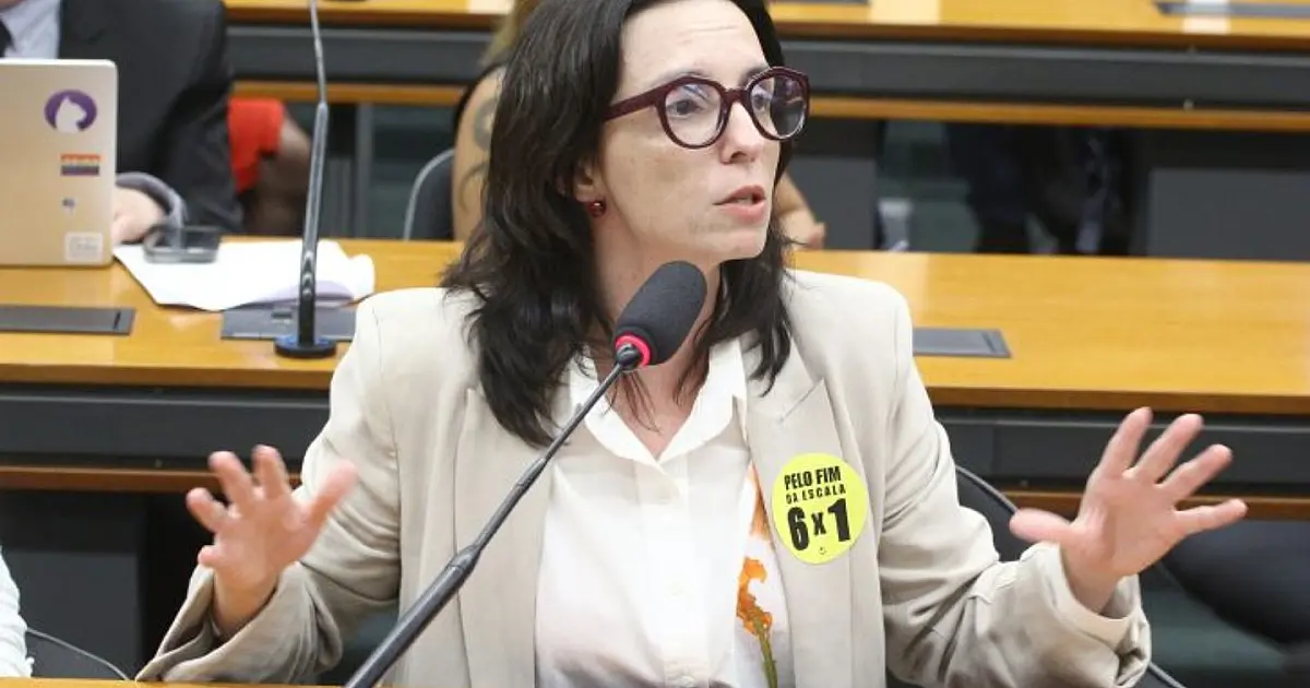 Deputada Ana Pimentel sentada em uma mesa de comissão na Câmara, falando ao microfone fixo, com papéis e notebooks organizados à sua frente.