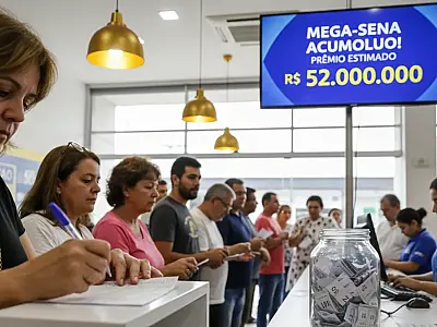 Bilhetes da Mega-Sena e volante de apostas sobre balcão de lotérica.