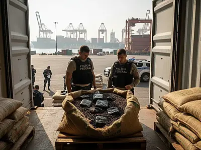 Agentes da Polícia Federal durante a Operação Off-Grade Coffee, que combate o tráfico internacional de drogas no Porto do Rio de Janeiro.