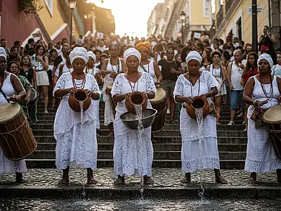 Mulheres do bloco Ilú Obá de Min realizam lavagem ritualística na Escadaria do Bixiga, em São Paulo.