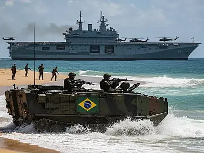 Militares realizam desembarque anfíbio coordenado durante a Missão Jeanne d'Arc 2026 no Rio de Janeiro. Foto: Tomaz Silva/Agência Brasil