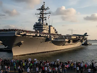 O USS Gerald R. Ford retorna à base naval de Norfolk após a missão mais longa em décadas.