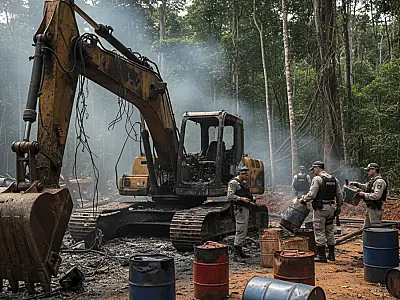Maquinário pesado utilizado em garimpos ilegais foi destruído pelas forças de segurança durante a Operação Calha Norte.