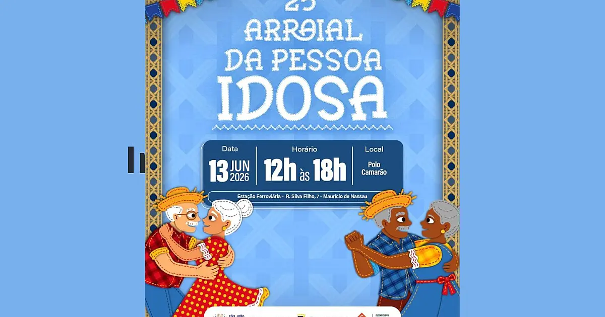Casais de idosos sorridentes dançando forró em um salão decorado com bandeirinhas coloridas de São João