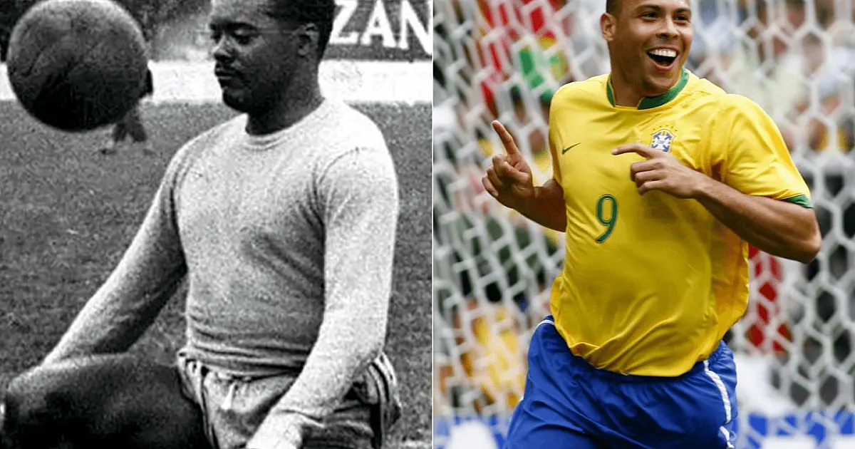 Montagem lado a lado mostrando, à esquerda, uma foto antiga em preto e branco de Leônidas da Silva sorrindo e, à direita, uma foto colorida de Ronaldo Fenômeno comemorando um gol com os braços abertos