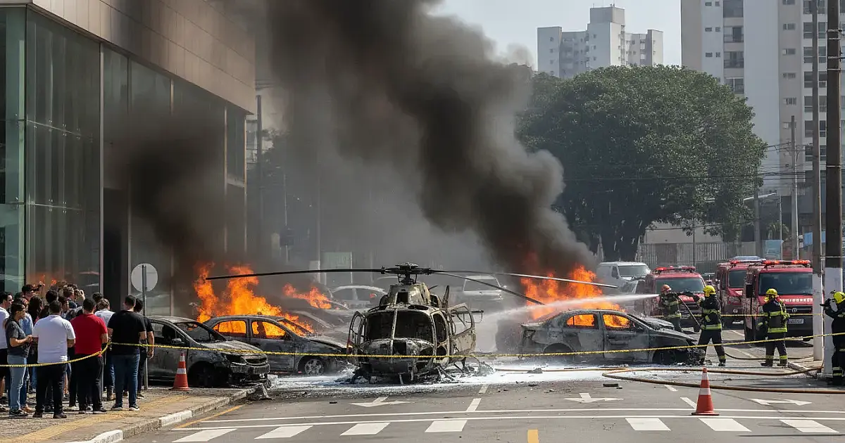 Helicóptero cai sobre garagem de veículos e causa explosões no Recreio dos Bandeirantes