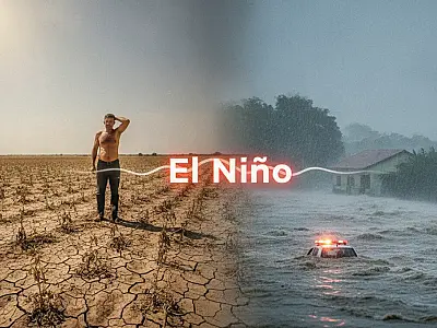 O aquecimento das águas do Oceano Pacífico gera o fenômeno El Niño, impactando o regime de chuvas e as temperaturas no inverno brasileiro.