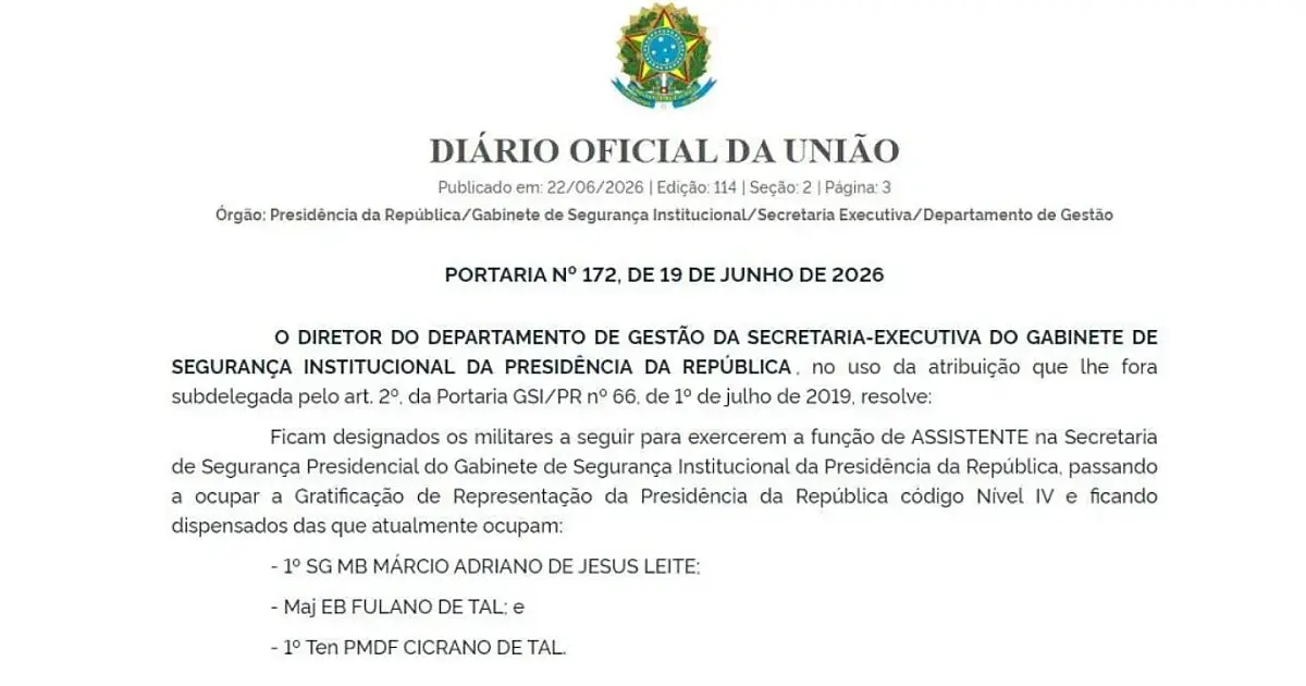 Captura de tela aproximada de um texto impresso em colunas oficiais do Diário Oficial da União, com destaque grifado para os nomes Fulano de Tal e Cicrano de Tal