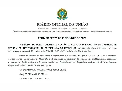 Erro de revisão em documento do GSI insere nomes fictícios em nomeações de militares no Diário Oficial