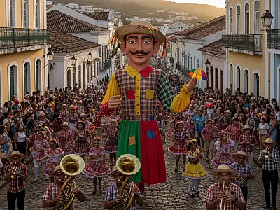 O boneco gigante Mestre Forró ganha figurino especial com temática junina para desfile no Sítio Histórico.